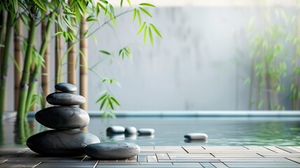 Stones stacked near water with bamboo plants in a garden setting during daylight hours