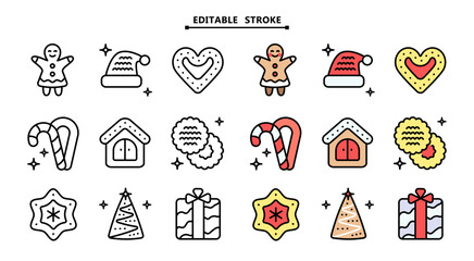 Christmas cookies icons set. Editable stroke. Different gingerbread cookies symbols. Christmas signs depicting various festive elements, bringing holiday cheer and wintertime spirit.