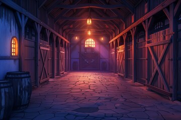 Scene of a barn interior with wooden beams and double doors during evening light in a quiet countryside setting