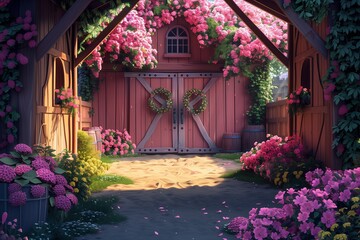 Bright flowers surround an old barn entrance with wooden doors and nature details in a garden setting during daytime