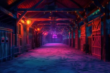 Colorful lights and shadows create a lively atmosphere in a barn setting during the evening hours