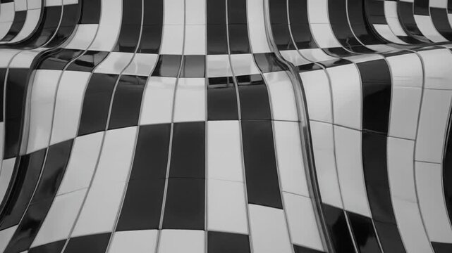 Abstract black and white checkered and striped pattern with distorted lines and curves visual design