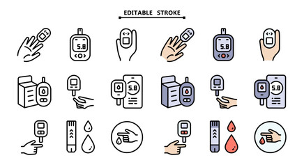 Glucometer Device icons set. Editable stroke. Glucose Test, Diabetic Consultation, Health Support. Performing blood glucose tests using glucometers.