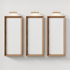 Three empty frames on a wall arranged in a straight line with no artwork inside
