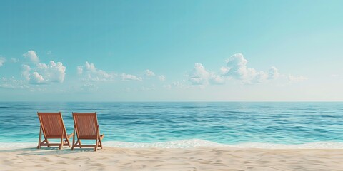 Beach chairs on the sand near the ocean during a sunny day with blue sky and soft clouds