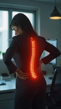 A businesswoman stands in an office setting, holding her lower back with a highlighted glowing spine, symbolizing back pain or spinal issues from workplace posture or stress.