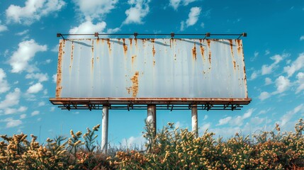 Old rusty billboard stands alone in an open field under a bright blue sky with clouds in the afternoon