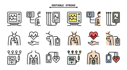 Cardiogram monitoring icon. Editable stroke. Holter monitoring system. Heart beats symbol on screen. Cardiogram sign on white background. Vector simple illustration.