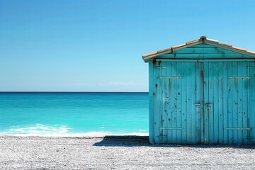 Bright blue beach hut stands on the shore with calm waves rolling in under a clear sky in mid-afternoon light