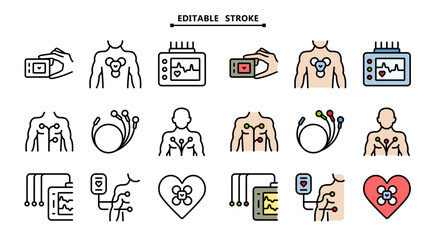 Cardiogram monitoring icon. Editable stroke. Heart beats symbol on screen. Holter monitoring system. Cardiogram sign on white background. Vector simple illustration.