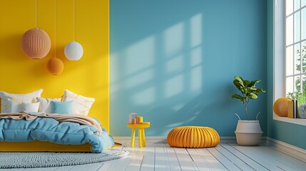 Bright bedroom with yellow and blue walls, cozy bed, and natural light coming through windows in a modern home