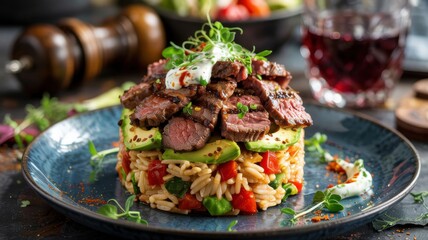 Steak, Tomato & Avocado Rice Bowl. The dish is seasoned with olive oil, lime juice, soy sauce, seasoned with salt, pepper, garlic powder and fresh cilantro.