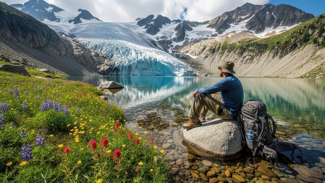 Male hiker enjoys alpine lake view and majestic glacier in scenic mountain landscape - Powered by Adobe