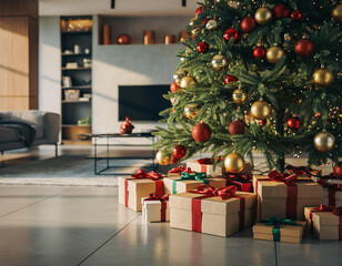 Beautifully lit Christmas tree with gold and red ornaments and neatly wrapped gift boxes in modern living room interior holiday decor