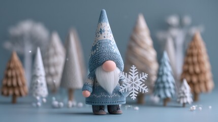 A small gnome dressed in a blue sweater and pointed hat stands in front of several decorative trees. The gnome holds a snowflake while snow falls softly around him creating a winter scene.