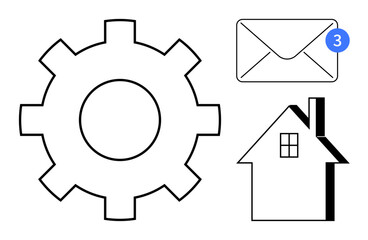 Settings, notifications, home management, communication, technology, organization. Gear icon, notification envelope simple home symbol. Settings and notifications for streamlined communication