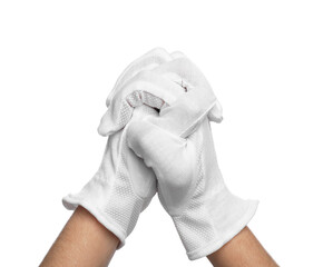 Woman in cloth gloves clasping hands on white background, closeup