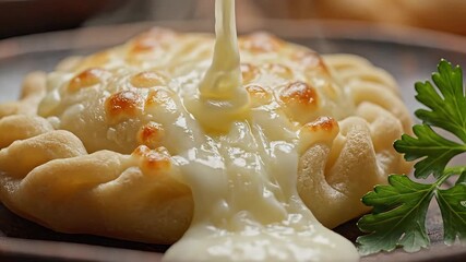 Closeup shot of a freshly baked golden empanada or savory turnover generously drizzled with a rich creamy white sauce highlighting its delicious texture and appetizing appeal garnished with fresh gre.