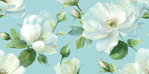Romantic seamless pattern of large white apple cherry blossom sakura and buds on a light blue background for design, feminine fabrics, luxurious wallpapers, or graceful stationery.