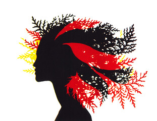 Feminine head in profle, hair made of plants, fine art print reduction photolithograph in three colors