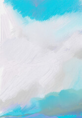 Impressionistic Seascape of Ocean or Lake Shoreline Under Puffy Billowing Clouds in Sky Above - Digital Design, Art, Painting, Illustration, Artwork-In Aqua, Lavender, Gray, Teal
