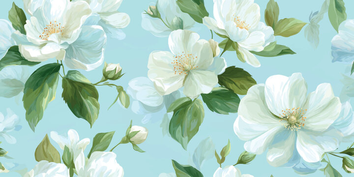 Romantic seamless pattern of large white apple cherry blossom sakura and buds on a light blue background for design, feminine fabrics, luxurious wallpapers, or graceful stationery.