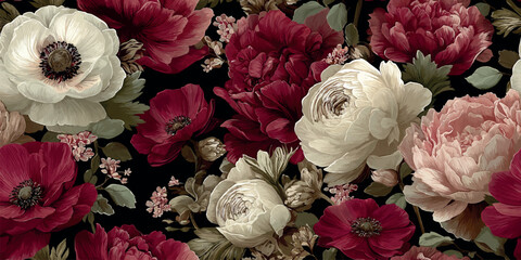 Richly colored seamless pattern featuring white and deep red peonies and anemones on a black background for bold fabrics, wallpapers, or sophisticated branding © Eli Berr