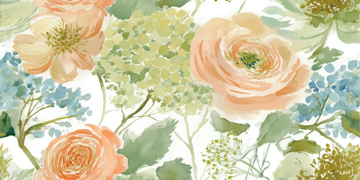 Loose watercolor style seamless pattern with peach roses, sage green foliage, and light blue hydrangeas for design, fabrics, stationery, or children's decor