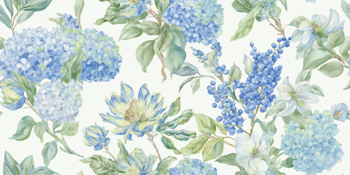 Chinoiserie inspired seamless pattern of blue hydrangeas, white blossoms, and stylized plums or berries for fabrics, wallpapers, or luxury home decor