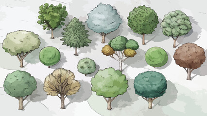Hand-Drawn Top View Tree Vector Illustration, Overhead Tree Canopy Symbols for Landscape and Site Plan Design