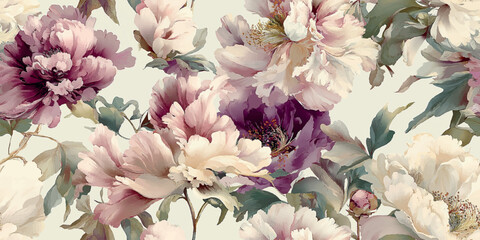 Watercolor style seamless pattern with lush pink, cream, and purple peony flowers for design, fabrics, stationery, or luxurious home decor © Eli Berr