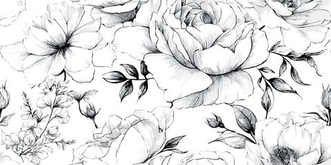 Hand-drawn black and white seamless pattern featuring detailed rose and peony outline sketches for design, fabrics, packaging, or custom stationery © Eli Berr