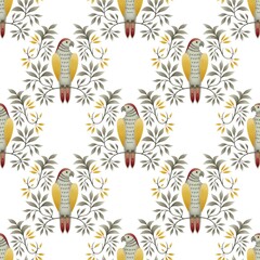 Seamless folk parrot and botanical pattern on white background