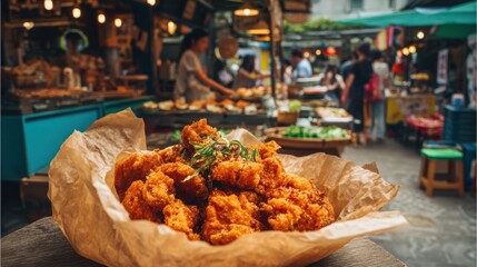 Obraz premium Fried chicken pieces are placed in a paper bowl at an outdoor market. People shop and socialize in the background. Stalls with food line the area under overhead lights.