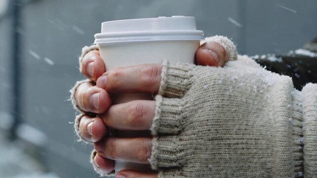 Close-up of frozen hands in old gloves holding a hot coffee cup in winter showing poverty and survival outdoors - street life and homelessness