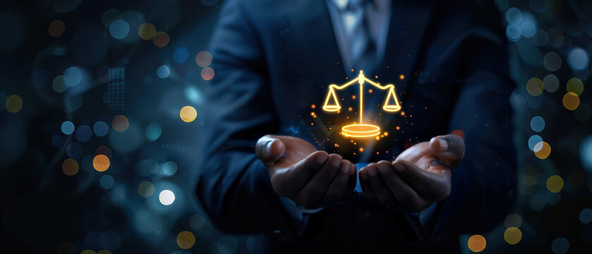 Businessman holding glowing justice scales in hands, symbolizing ethics, law, fairness and responsibility, suitable for legal services, corporate values, and compliance concepts.