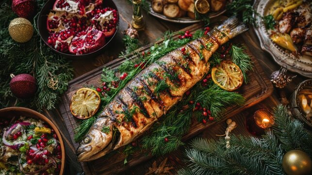 Festive holiday table featuring grilled fish with herbs and garnishes surrounded by decorations