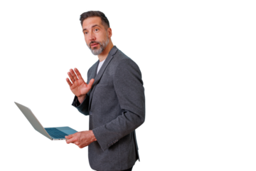 Man delivering a virtual presentation or joining an online meeting, holding a laptop and gesturing, on a transparent background
