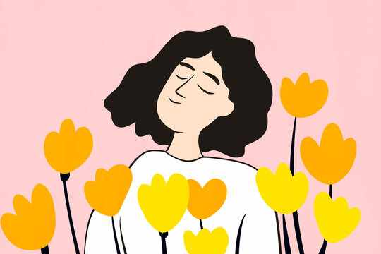 Woman enjoying nature in minimal flower illustration