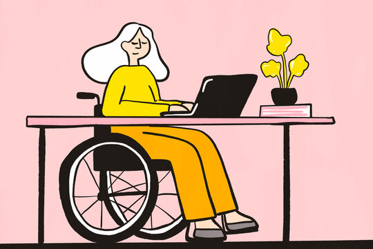 Modern illustration of a woman working on a laptop