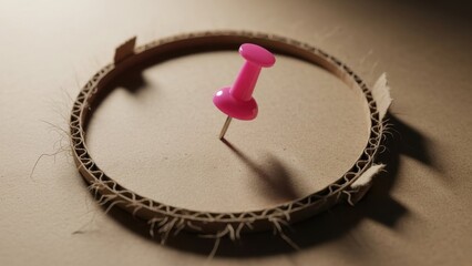 Round cardboard piece, pink pushpin, gently torn soft edge