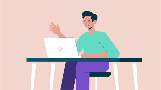 2D Flat Animation of Businessman Talking and Explaining While Working on Laptop at Office Desk