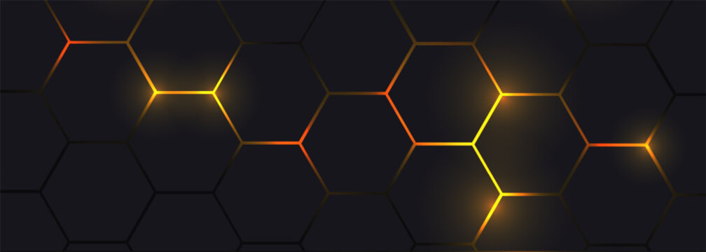 Black and yellow hexagonal technology vector abstract background. Yellow bright energy flashes under hexagon in modern technology futuristic wide banner illustration. Dark honeycomb texture grid.