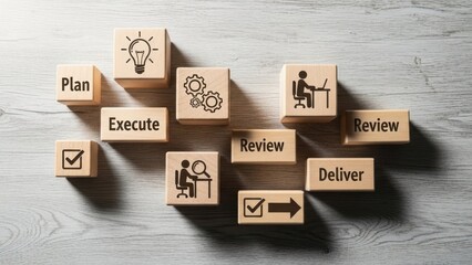 Productivity and workflow wooden blocks showing simple process icons