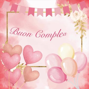 Biglietto di auguri di buon compleanno; design animato con palloncini e acquerello rosa