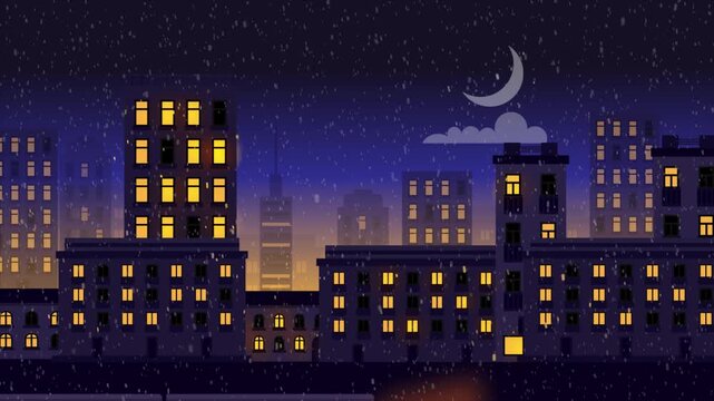 Night City Landscape with Falling Snow and Moving Train Animation Loop