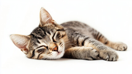 Obraz premium Adorable Tabby Kitten Sleeping Peacefully on White Background