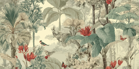 Obraz premium Vintage engraved style seamless pattern of a tropical jungle with palm leaves, birds, and butterflies for exotic wallpapers, fabrics, or luxury packaging