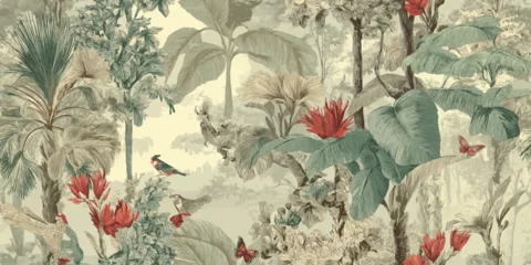Vintage engraved style seamless pattern of a tropical jungle with palm leaves, birds, and butterflies for exotic wallpapers, fabrics, or luxury packaging © Eli Berr