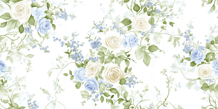 Delicate watercolor seamless pattern of pale blue and cream roses with green foliage on a white background for gentle fabrics, wedding stationery, or baby decor